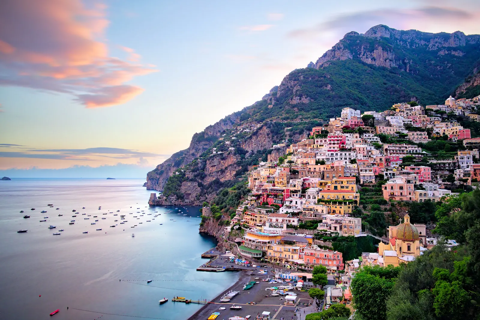 Positano rising from the sea on the Amalfi Coast at dusk